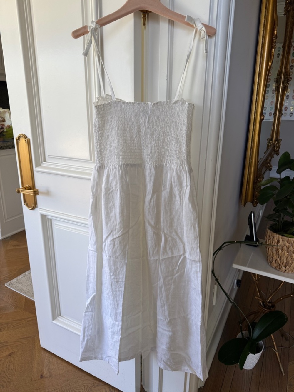 GAP White Button-Front Linen Midi Dress with Smocked Bodice - Picture 3 of 8